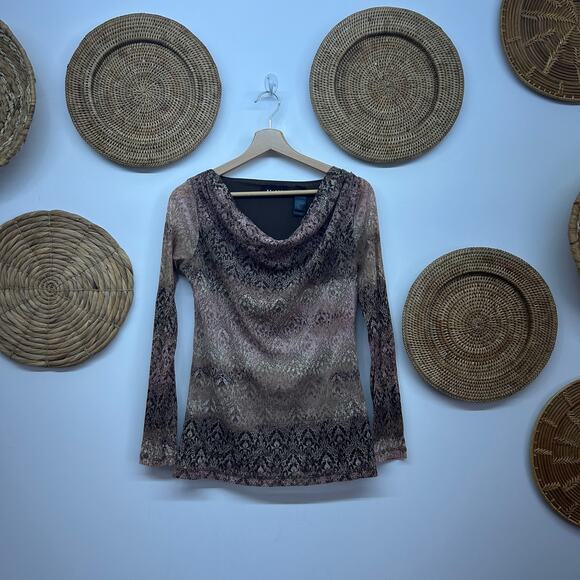 Vintage Y2K 2000s Axcess Brown Pink Draped Neck Long Sleeve Top Boho Small - Picture 2 of 6